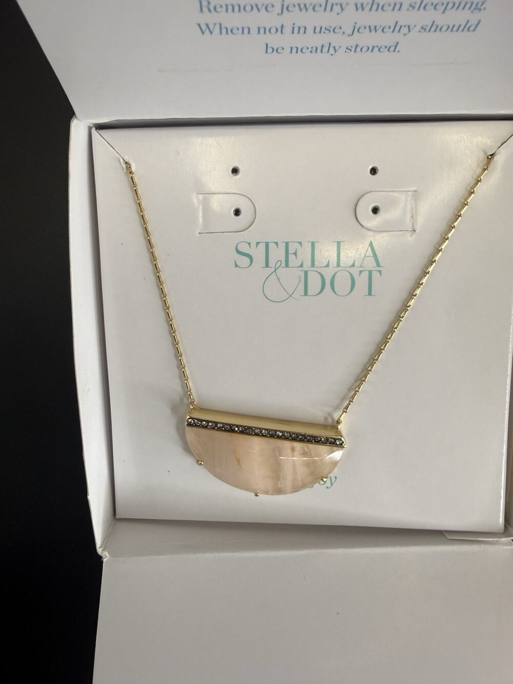 NIB Stella & Dot Pink Quartz & Cubic Zirconia Half-Moon Pendant Necklace